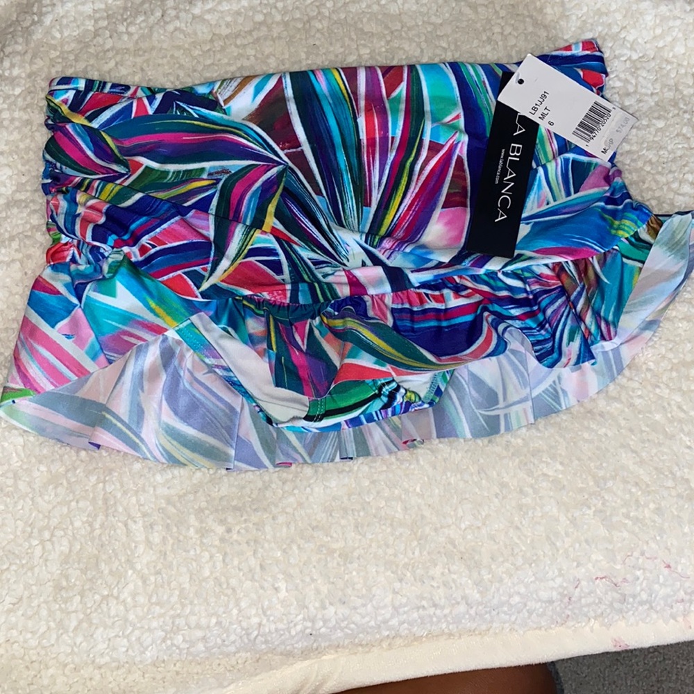 La Blanca Multicolor Tropical Ruffle Bikini Bottom - Blue, Pink, Green, White